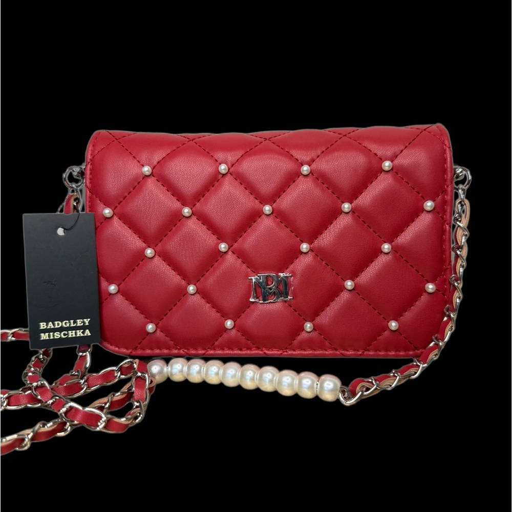 Badgley Mischka quilted pearl red crossbody bag/silver chain, NWT
